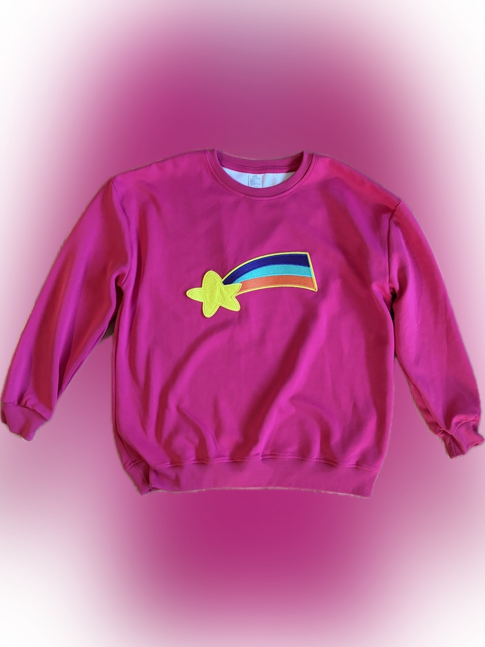 Bright Pink Crewneck Sweater with Shooting Star Patch